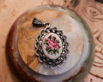 Vintage petit point floral embroidery needlepoint pendant.