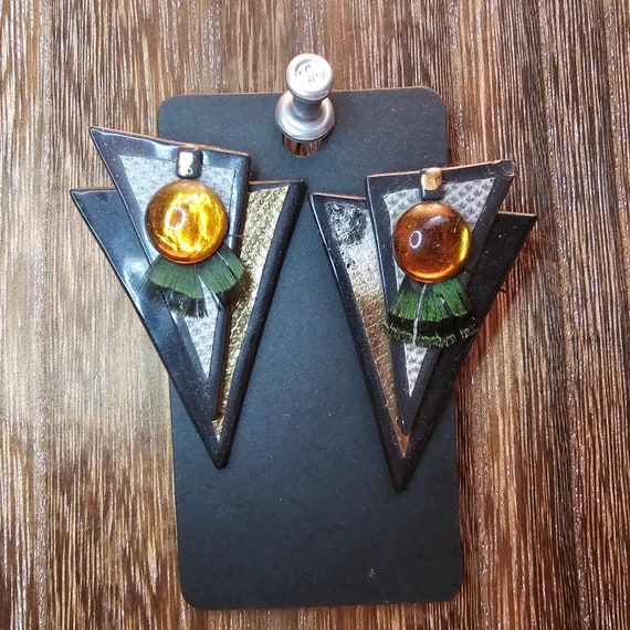 Vintage handmade geometric earrings with butterfl… - image 3