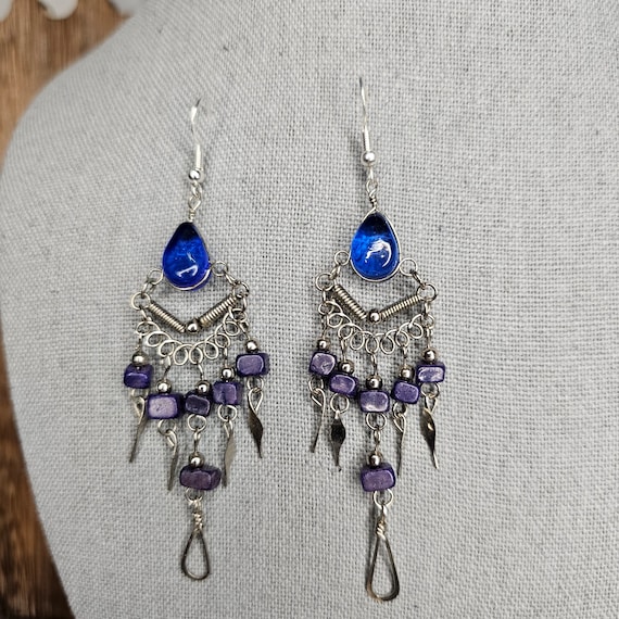 Vintage Peruvian silver wire work earrings blue a… - image 1