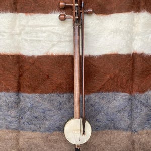 Könnte beinhalten: Ein hölzernes Streichinstrument, wahrscheinlich eine Spießgeige, mit einem runden Resonanzkörper und einem langen Hals. Das Instrument hat Wirbel und einen Bogen. Der Hintergrund ist ein gestreiftes Muster aus Braun, Weiß und Blau.