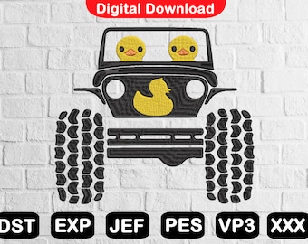 May include: Black and yellow embroidered design of a Jeep with two yellow rubber duckies in the front seats and a larger yellow rubber ducky on the front grill. The Jeep has large black tires with a tread pattern.