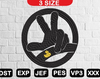May include: Black and yellow embroidered design of a hand making the peace sign with a dollar sign in the palm of the hand. The design is in a circle.