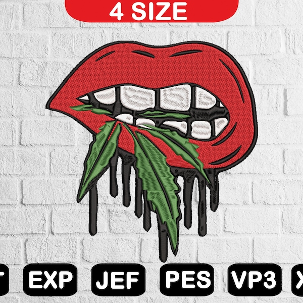 Weed Lips Embroidery Machine Files, Leaf Lips Embroidery Design, Aesthetic Embroidery Digital Download, Digital Embroidery