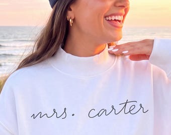 Custom Last Name Bride Sweatshirt Mock Neck Cute Mrs  Merch Personalized Bridal Crewneck Future Mrs Wedding Gift Newlywed Sweatshirt