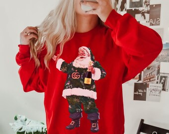 Funny Santa Sweatshirt: Boujee Champagne Christmas Sweater