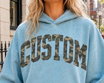 Custom Camo Hoodie Personalized Collegiate Name Vintage Wash Camouflage Varsity Oversized Streetwear Retro Pullover Trendy Cool Girl Gift
