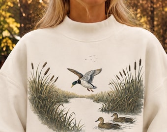 Mallard Duck Sweatshirt Vintage Marsh Mock Neck Waterfowl Graphic Outdoorsy Cottagecore Hunting Country Wildlife Coastal Grandpacore Gift