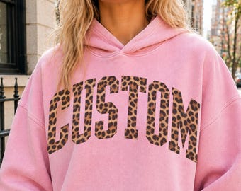 Custom Leopard Hoodie Distressed Vintage Wash Personalized Name Cheetah Print Collegiate Varsity Oversized Streetwear Retro Pullover Gift