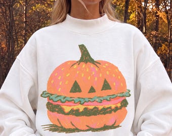 Pumpkin Burger Sweatshirt Halloween Mock Neck Retro Food Graphic Spooky Cute Vintage Kitsch Jack O Lantern Fall October Funny Pullover Gift