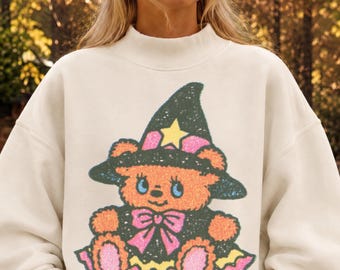 Halloween Witch Bear Sweatshirt Retro Teddy Mock Neck Spooky Cute Vintage Graphic Kawaii October Whimsical Y2K Fall Costume Cozy Pullover