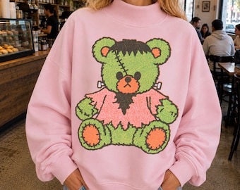 Halloween Teddy Bear Sweatshirt Frankenstein Mock Neck Spooky Cute Retro Graphic Pink Fall Costume Vintage Monster Kawaii October Pullover