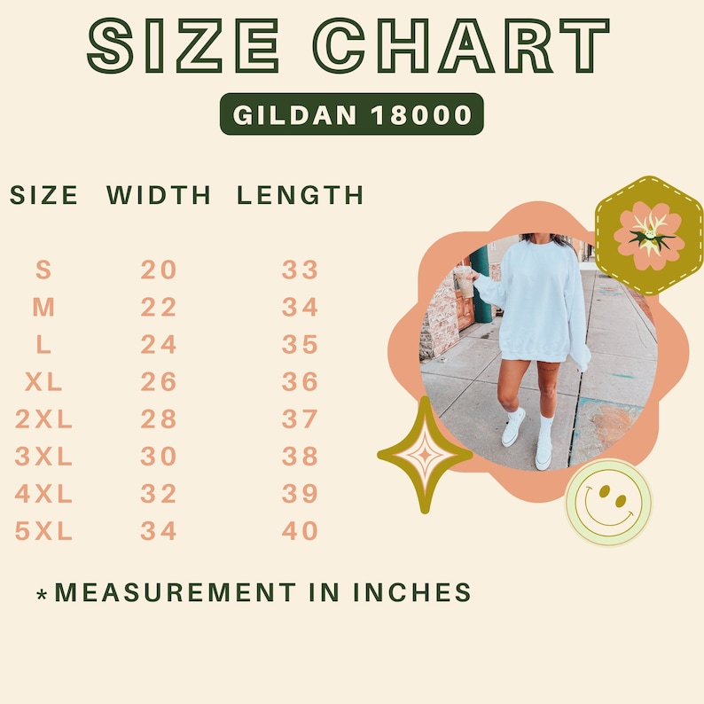 May include: Size chart for Gildan 18000 shirts, showing width and length measurements in inches for sizes S through 5XL.