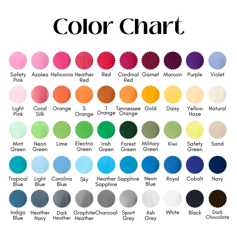 May include: A color chart with a variety of fabric swatches in a range of colors, including pinks, reds, oranges, yellows, greens, blues, grays, and browns. The text "Color Chart" is at the top.