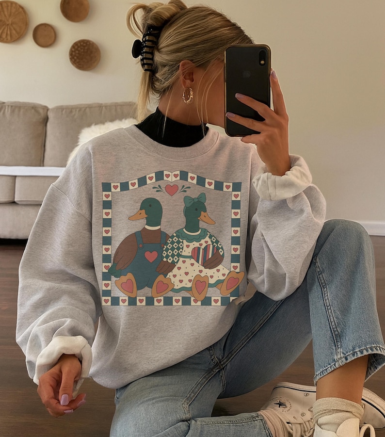 Grandma Core Duck Sweatshirt, Vintage Country Folk Crewneck, Cozy Cottagecore Pullover Cute Summer Shirt Trendy Gift image 1