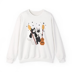 Witchy Cats Halloween Sweatshirt Cozy Grandmacore Vintage Crewneck, Retro Pumpkins & Brooms, Cute Black Cat Fall Spooky Season Sweater Y2K