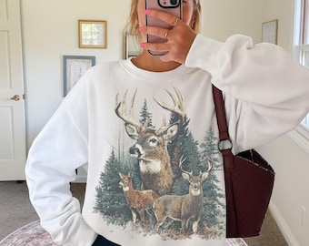 Retro sweatshirt met hertenprint, vintage cabinetrui met ronde hals, gezellige Forest Grandpa Core-trui