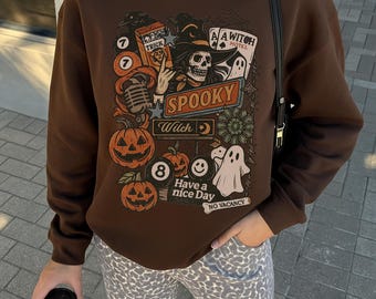 Vintage Halloween Sweatshirt: Spooky Ghost, Witch Graphic Crewneck Oversized Skeleton Top