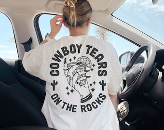 オーバーサイズ コンフォートカラー Tシャツ カウボーイ ティアーズ テキーラ ウエスタン エステリック グランジ バー Tシャツ お出かけ カウガール クールガール クルーネック トレンディ シャツ