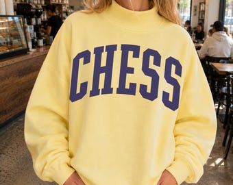 Chess Sweatshirt, Vintage Collegiate Chess Club Crewneck, Oversized Mock Neck, Retro Varsity Chess Player Gift, Preppy Chess Lover’s Sweater