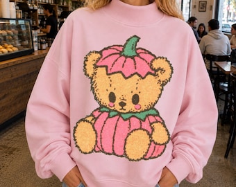 Pumpkin Teddy Bear Sweatshirt, Pink Halloween Mock Neck, Retro Spooky Cute Graphic, Vintage Fall Kitsch, Girly October Pullover Gift