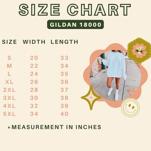 May include: Size chart for Gildan 18000 apparel, with measurements in inches. Sizes range from S to 5XL, with widths from 20 to 34 inches and lengths from 33 to 40 inches. The image includes a person wearing a white sweatshirt.