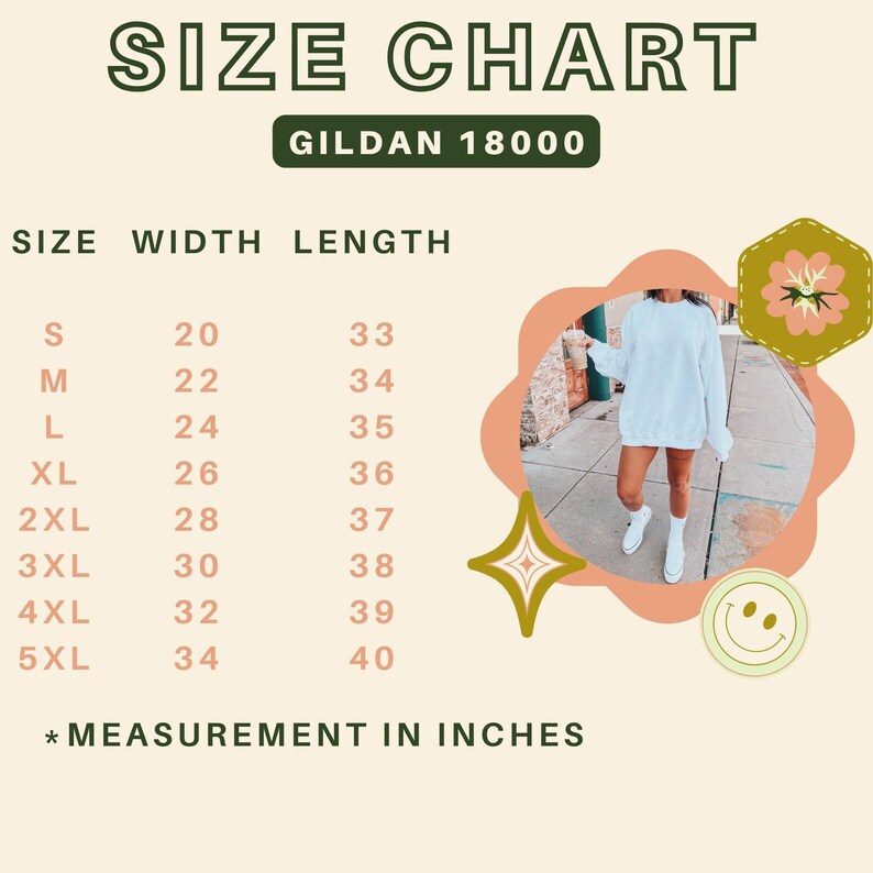 May include: Size chart for Gildan 18000 apparel, with measurements in inches. Sizes range from S to 5XL, with widths from 20 to 34 inches and lengths from 33 to 40 inches. The image includes a person wearing a white sweatshirt.