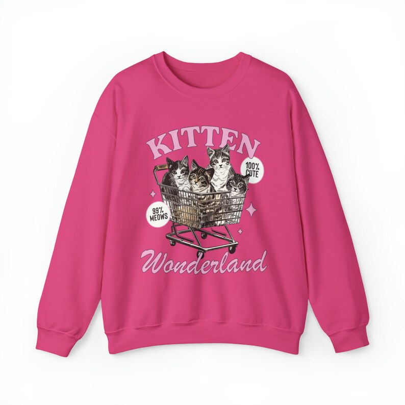 Puede incluir: Sudadera rosa con un gr&aacute;fico de gatitos en un carrito de compras. El texto en la sudadera dice "Kitten Wonderland" y "99% Meows" y "100% Cute".