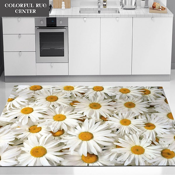 Kitchen Rug, Daisy Pattern Rug, Kitchen Decor, Dining Room Decor, Salon Rug, Home Decor, Gift For Her, Gift For Mom, Area Rug, Floral Rug