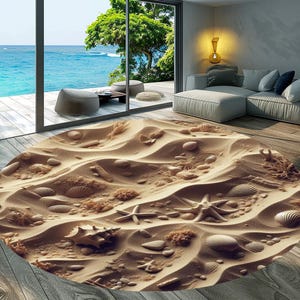 Tapis sable de mer,Tapis de plage de sable,Tapis marin,Décoration de mer,Tapis en coquillages,Tapis de salon,Décoration estivale,Tapis lavable en machine,Tapis antidérapant,Tapis rond