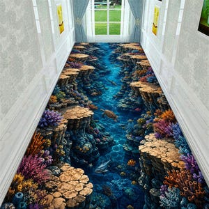 Underwater Coral Canyon Runner Rug, Sea Turtle Ocean Rug, Coastal Marine Runner, Reef Hallway Rug, Non Slip Rug