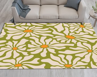 Green Groovy Flower Rug: Retro 70s Style, Non-Slip Area Rug