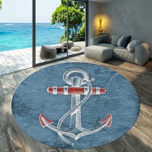 Anchor Rug,Sailor Rug,Marine Themed Rug,Nautical Rug,Sea Decor,Living Room Rug,Summer Decor,Machine Washable Rug,Non-Slip Rug,Round Rug