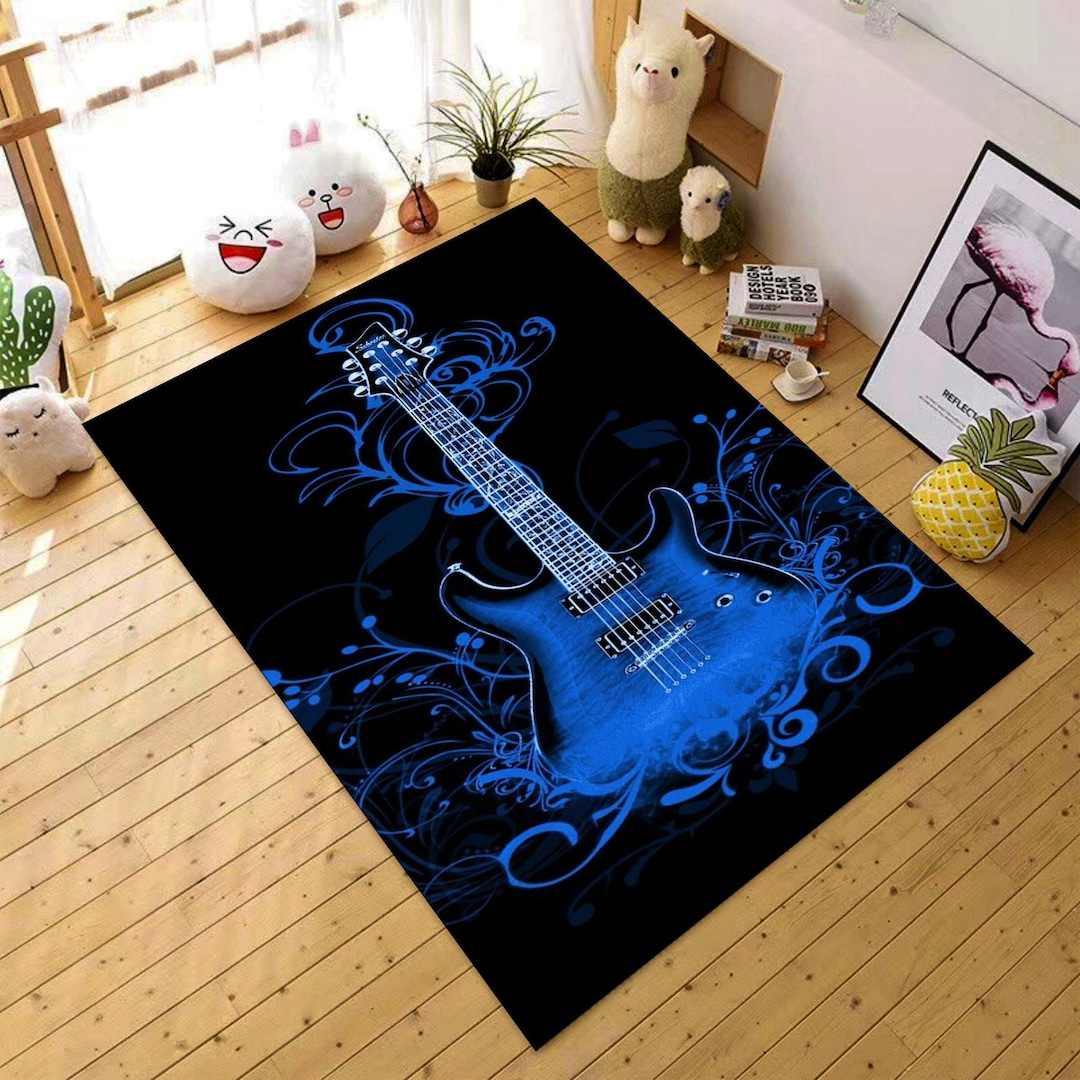 Guitar Rug Musical Rug Black Rug Guitar Printed Rug Music Etsy