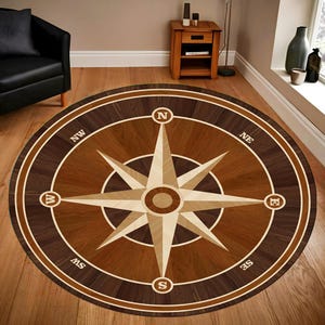 Compass Rose Round Rug: Nautical Medallion Pattern, Summer Decor