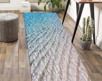 May include: A blue and white area rug with a wavy pattern that resembles water. The rug has a light blue background with white waves and a light brown border.