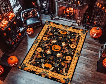 Halloween Rug: Pumpkins & Autumn Leaves, Non-Slip Cotton Base