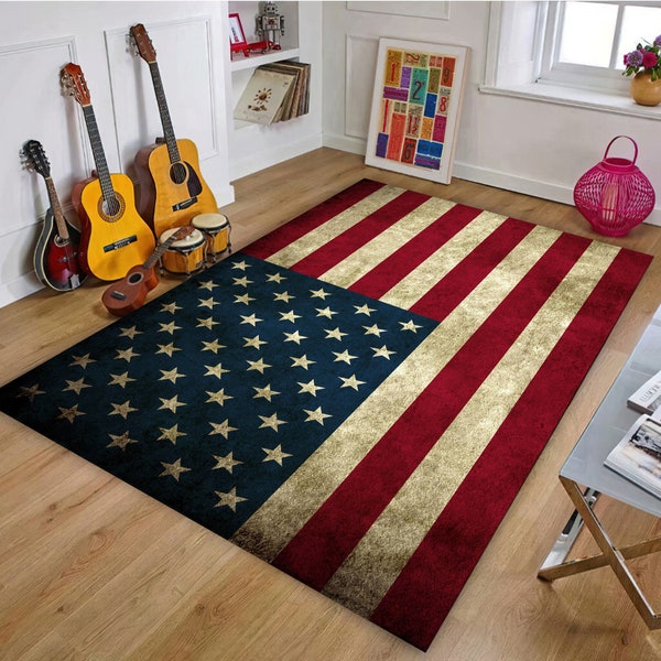 USA Flag Rug, American  Rug, Modern Rug, Area Rug, For Living Room Rug, Custom Rug, Non-Slip Base Rug, Interior Rug, Housewarming Gift