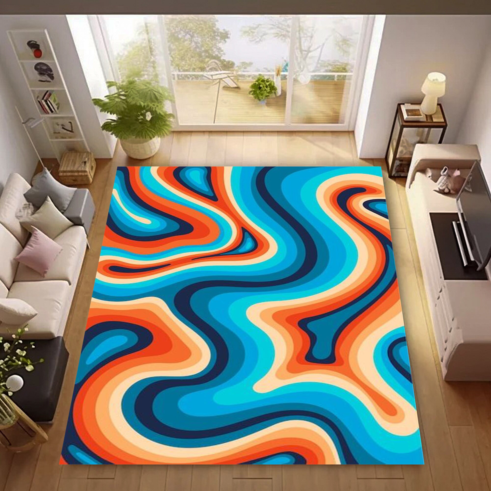 70s Retro Stripes Rug: Wavy Tangerine Bohemian Area Rug - Etsy