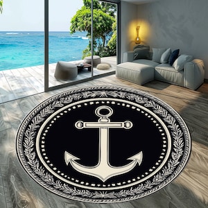Anchor Rug,Sailor Rug,Marine Themed Rug,Nautical Rug,Sea Decor,Living Room Rug,Summer Decor,Machine Washable Rug,Non-Slip Rug,Round Rug