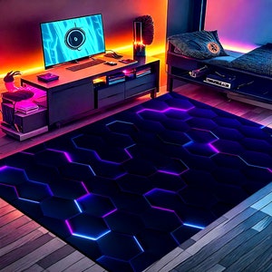 Hexagon Pattern Gamer Rug: Neon Honeycomb Design