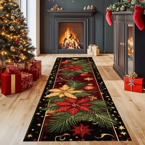 Poinsettia Christmas Rug, Holiday Floral Runner
