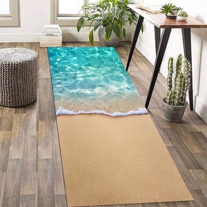 Ocean Wave Runner Rug: Non-Slip Beach Theme Hall Rug