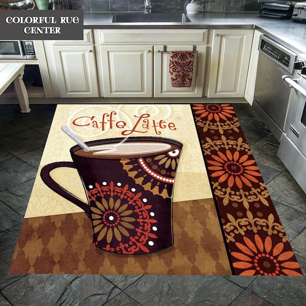 Kitchen Rug, Coffee Pattern Rug, Kitchen Decor, Dining Room Decor, Salon Rug, Home Decor, Gift For Her, Gift For Mom, Area Rug