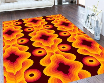 Könnte beinhalten: Ein Teppich im Retro-Stil mit einem sich wiederholenden Muster aus orangefarbenen, gelben und roten konzentrischen Kreisen auf einem dunkelroten Hintergrund.