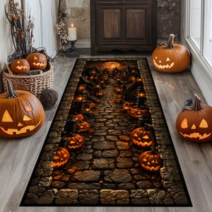 May include: A rectangular runner rug featuring a printed design of a dark, cobblestone path lined with glowing jack-o'-lanterns and silhouettes of spooky houses under a full moon, surrounded by three carved pumpkins with warm interior lighting.