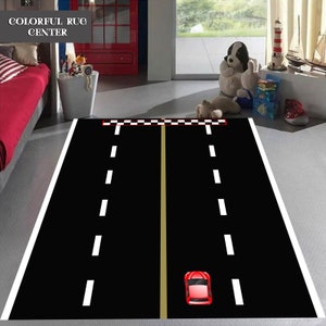 Race Track Rug: Kids Game Room Decor, Red Car Design