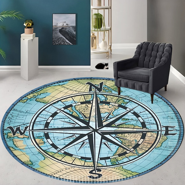 Compass Pattern Rug, Round Compass Rug, Nautical Rug, Medallion Rug, For Living Room Rug, Area Rug, Kids Decor,  Map  Rug, Compass Design