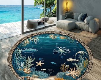 3D Underwater Ocean Round Rug, Sea Life Decor