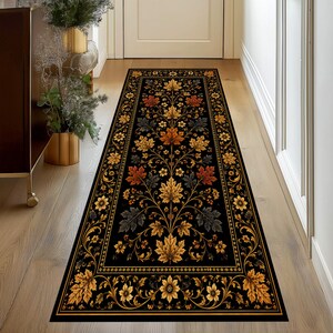 Black Gold Autumn Rug, Fall Leaves Runner Rug, Elegant Botanical Rug, Maple Leaf Hallway Rug, Fall Decor, Non Slip Runner Rug