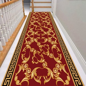Baroque Floral Pattern Rug,Baroque Style Rug,Baroque Decor,Greek Motif Rug,Hallway Runner,Machine Washable,Seamless Border Rug